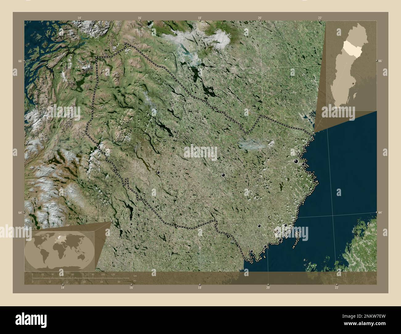 Vasterbotten, schwedischer Bezirk. Hochauflösende Satellitenkarte. Standorte der wichtigsten Städte der Region. Eckkarten für zusätzliche Standorte Stockfoto