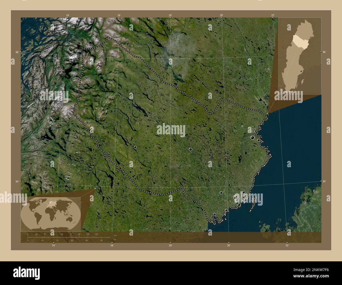 Vasterbotten, schwedischer Bezirk. Satellitenkarte mit niedriger Auflösung. Standorte der wichtigsten Städte der Region. Eckkarten für zusätzliche Standorte Stockfoto