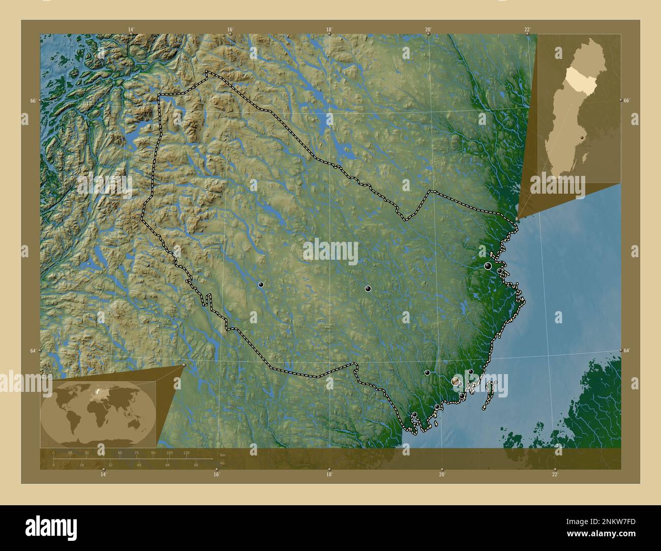 Vasterbotten, schwedischer Bezirk. Farbige Höhenkarte mit Seen und Flüssen. Standorte der wichtigsten Städte der Region. Eckkarten für zusätzliche Standorte Stockfoto