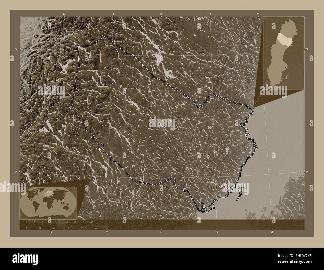 Vasterbotten, schwedischer Bezirk. Höhenplan in Sepia-Tönen mit Seen und Flüssen. Eckkarten für zusätzliche Standorte Stockfoto
