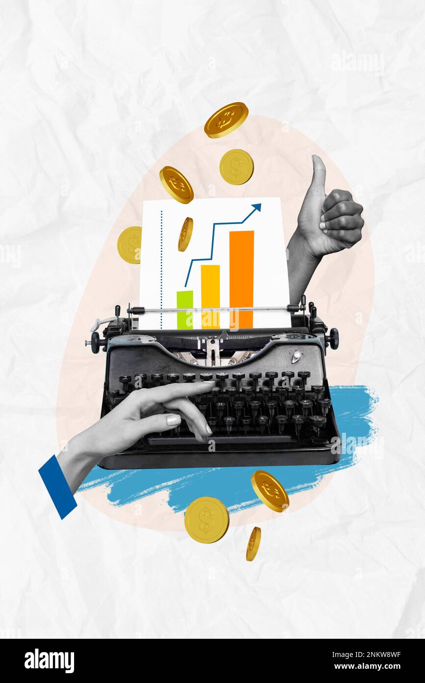 Bildmalerei Banner Poster Collage des Ökonomen Vorbereitung Boss Start-up Finanzen Entwicklung Diagramme steigend Einkommen erhöhen Stockfoto