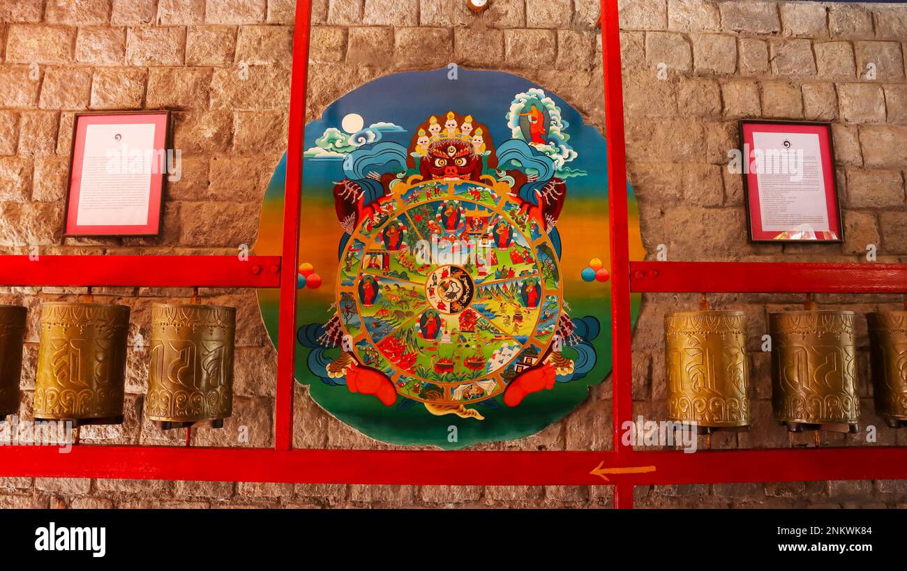 Gebetsräder und Gemälde des prähistorischen Lebens mit Buddha, Kloster Norbulingka, Dharamshala, Himachal Pradesh, Indien Stockfoto