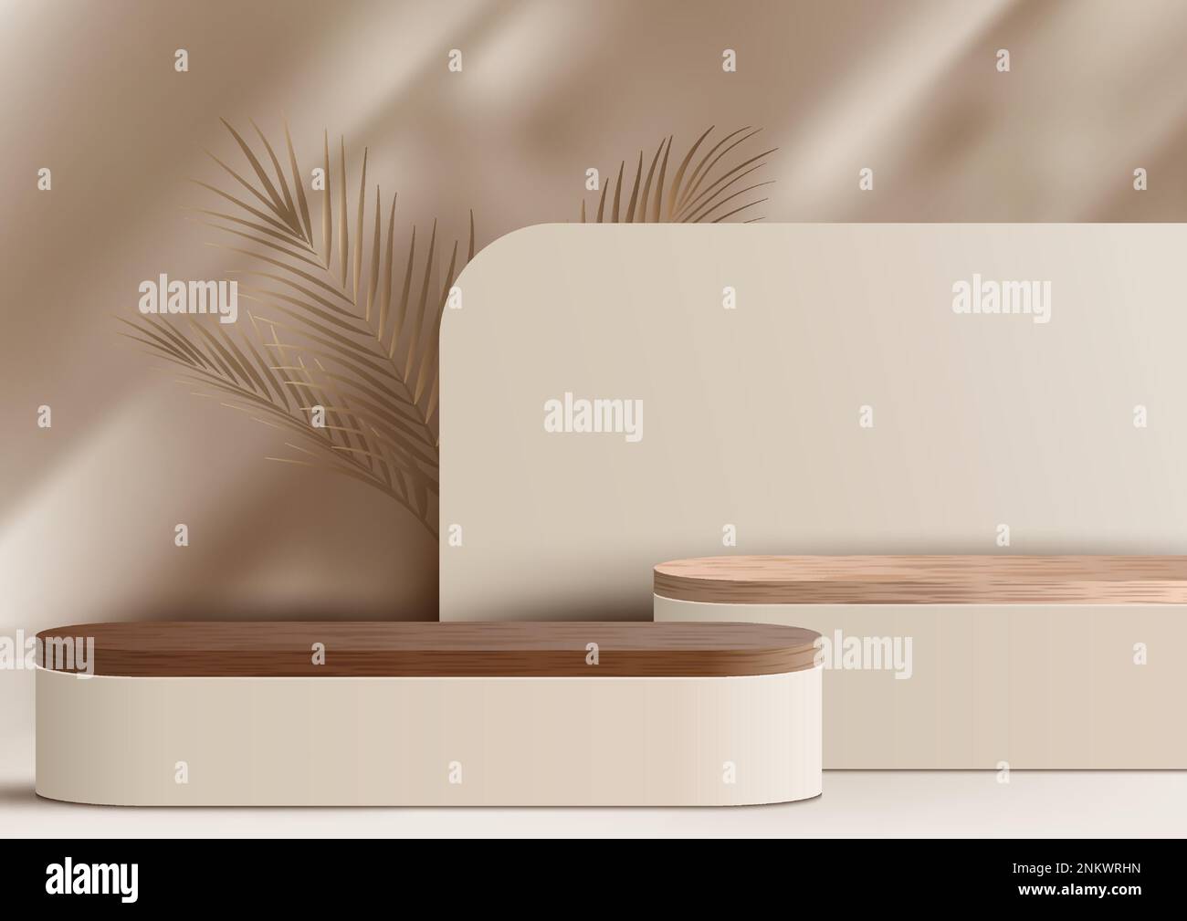3D realistische Holzpodium Plattformdekoration mit goldenen Palmenblättern und natürlichem Laubschatten Hintergrund minimalistische Wandszene auf beigefarbenem Hintergrund Stock Vektor