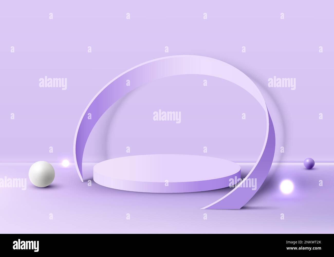 3D realistischer, lila Zylinder-Podiumständer mit violettem runden Rundstrahl als Dekorationslampe und kugelförmigen Kugeln auf lila Hintergrund für den 8. märz Inter Stock Vektor