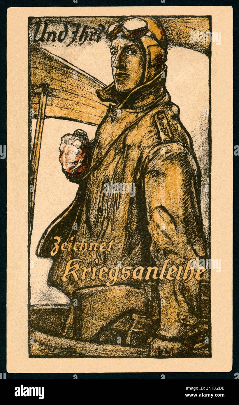 Europa, Deutschland, Bayern, München, 1. Weltkrieg, Propaganda, patriotische Postkarte mit dem Text : " und Ihr ? Zeichnet Kriegsanleihe ' und eine Zeichnung eines Piloten der Luftwaffe , entworfen von Fritz Erler ( 1868-1940 ) , Druck und Verlag Kunst-Institute AG , Berlin-Schöneberg , Rechte werden nicht vertreten . / Europa, Deutschland, Bayern, München, WW I , Propaganda, patriotische Postkarte mit dem Text: " Und du? Sign war Loans " und ein Pilot der Deutschen Luftwaffe, Künstler Fritz Erler ( 1868-1940 ) , veröffentlicht von Kunst-Institute AG , Berlin-Schönefeld , gibt es keine Rechte . Stockfoto