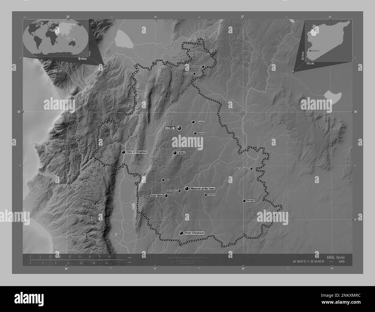 Idlib, Provinz Syrien. Grauskala-Höhenkarte mit Seen und Flüssen. Standorte und Namen der wichtigsten Städte der Region. Lage der Zusatzgeräte an der Ecke Stockfoto