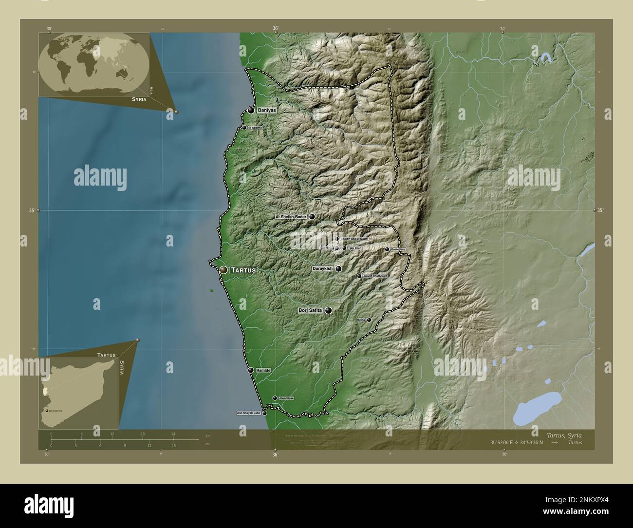 Tartus, Provinz Syrien. Höhenkarte im Wiki-Stil mit Seen und Flüssen. Standorte und Namen der wichtigsten Städte der Region. Ecke autokorr Stockfoto