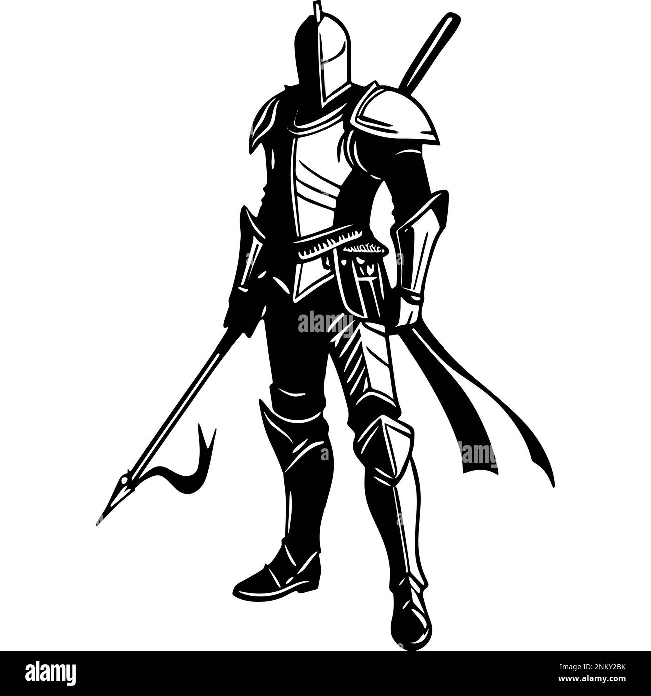 Eine monochrome Illustration eines Kriegers in Rüstung zeigt eine sehr detaillierte Zeichnung eines mittelalterlichen Ritters Stockfoto