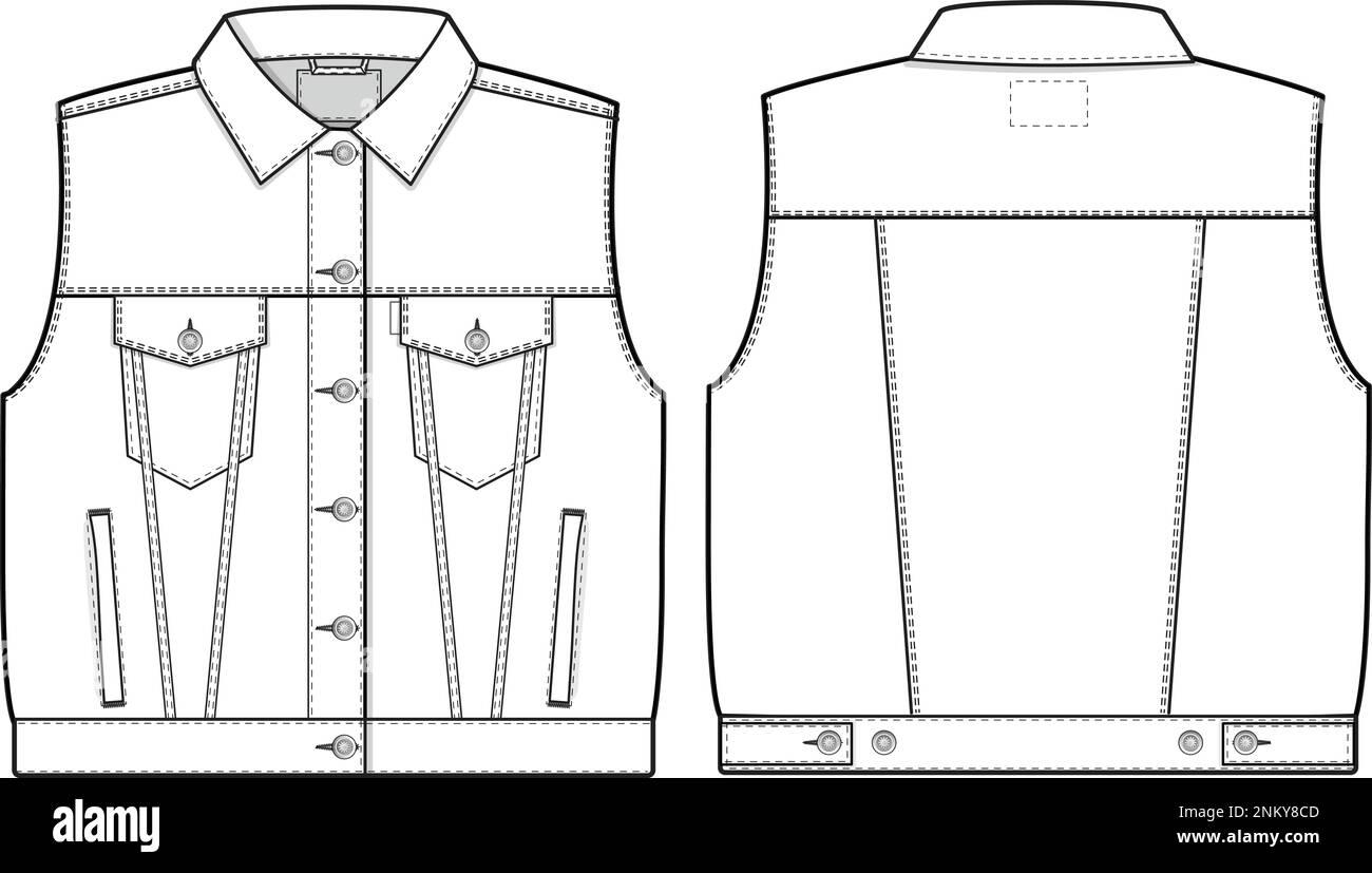 Übergroße Jeansjacke für Damen ärmelloses Unterhemd mit abgeschnittenem Kragen flach Technische Zeichnung Leere Modellvorlage Modedesign CAD-Design Stock Vektor
