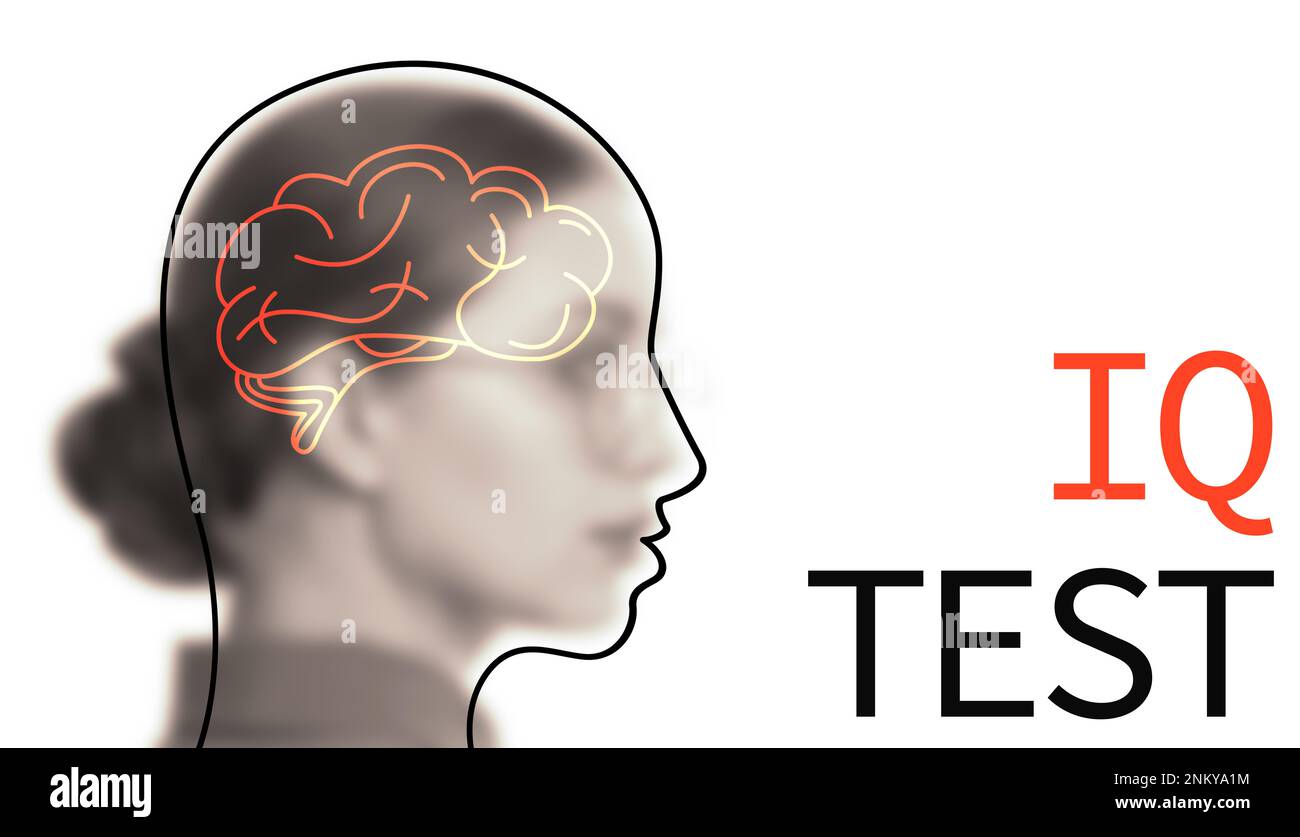 Illustrierter Kopf mit Gehirn und verschwommener Sicht auf eine Frau auf weißem Hintergrund. IQ-Test Stockfoto
