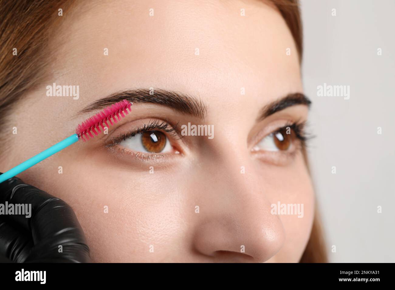 Kosmetikerin putzt die Augenbrauen einer Frau, nachdem sie auf grauem Hintergrund getönt wurde, Nahaufnahme Stockfoto