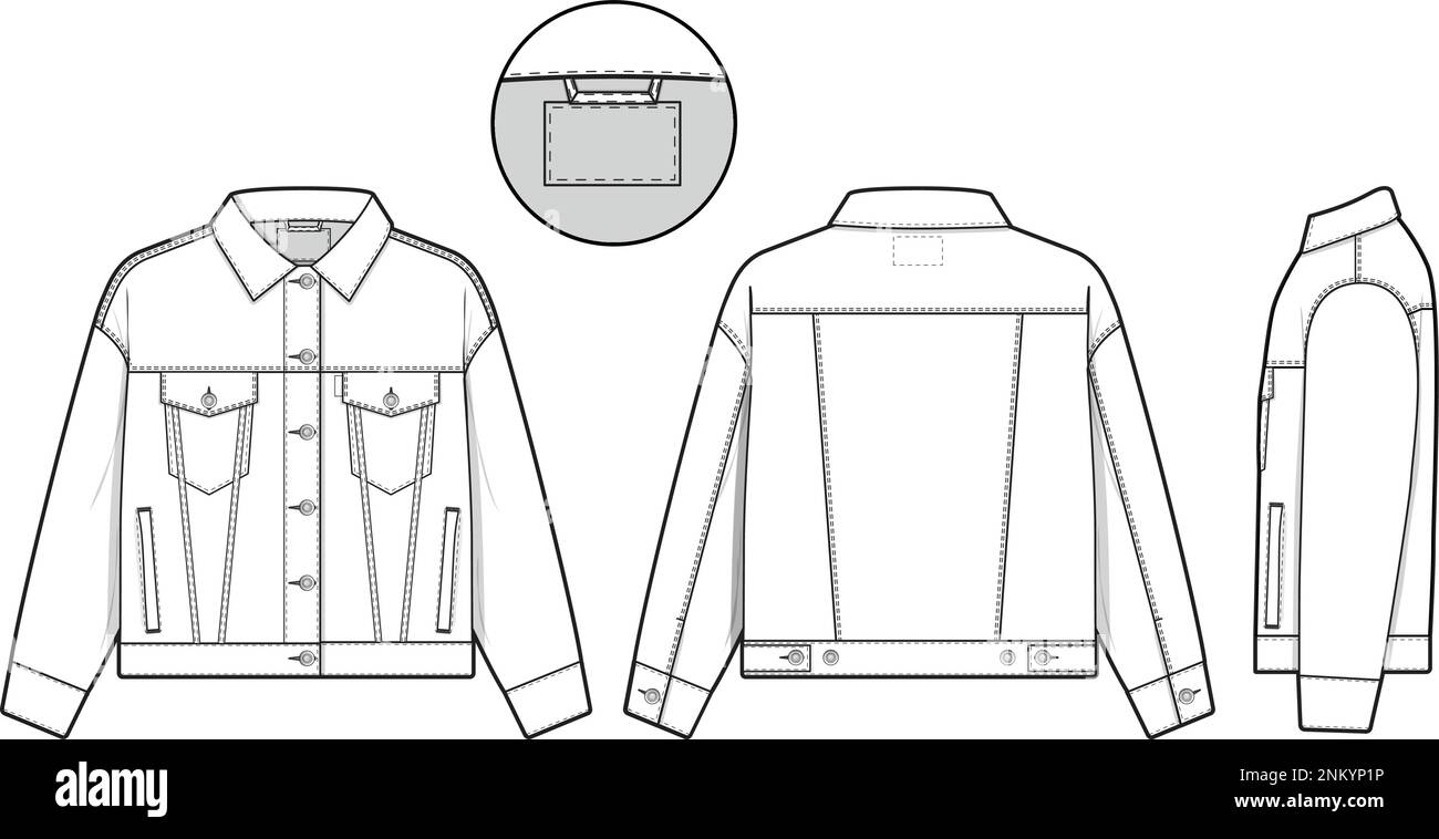 Damen Jeansjacke jeansjacke Trucker flache technische Zeichnung Vorlage für Design und Tech Packs Mode CAD Stock Vektor