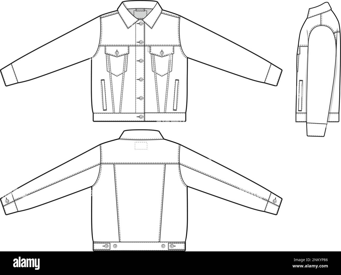 Damen Jeansjacke jeansjacke Trucker flache technische Zeichnung Vorlage für Design und Tech Packs Mode CAD Stock Vektor