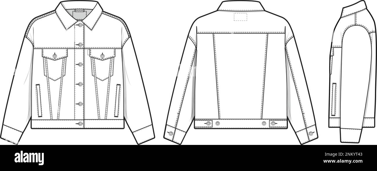 Damen Jeansjacke jeansjacke Trucker flache technische Zeichnung Vorlage für Design und Tech Packs Mode CAD Stock Vektor