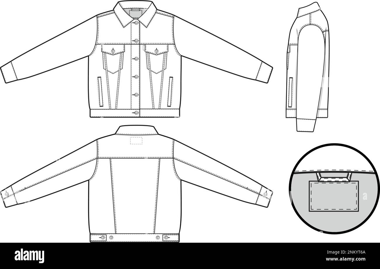 Damen Jeansjacke jeansjacke Trucker flache technische Zeichnung Vorlage für Design und Tech Packs Mode CAD Stock Vektor