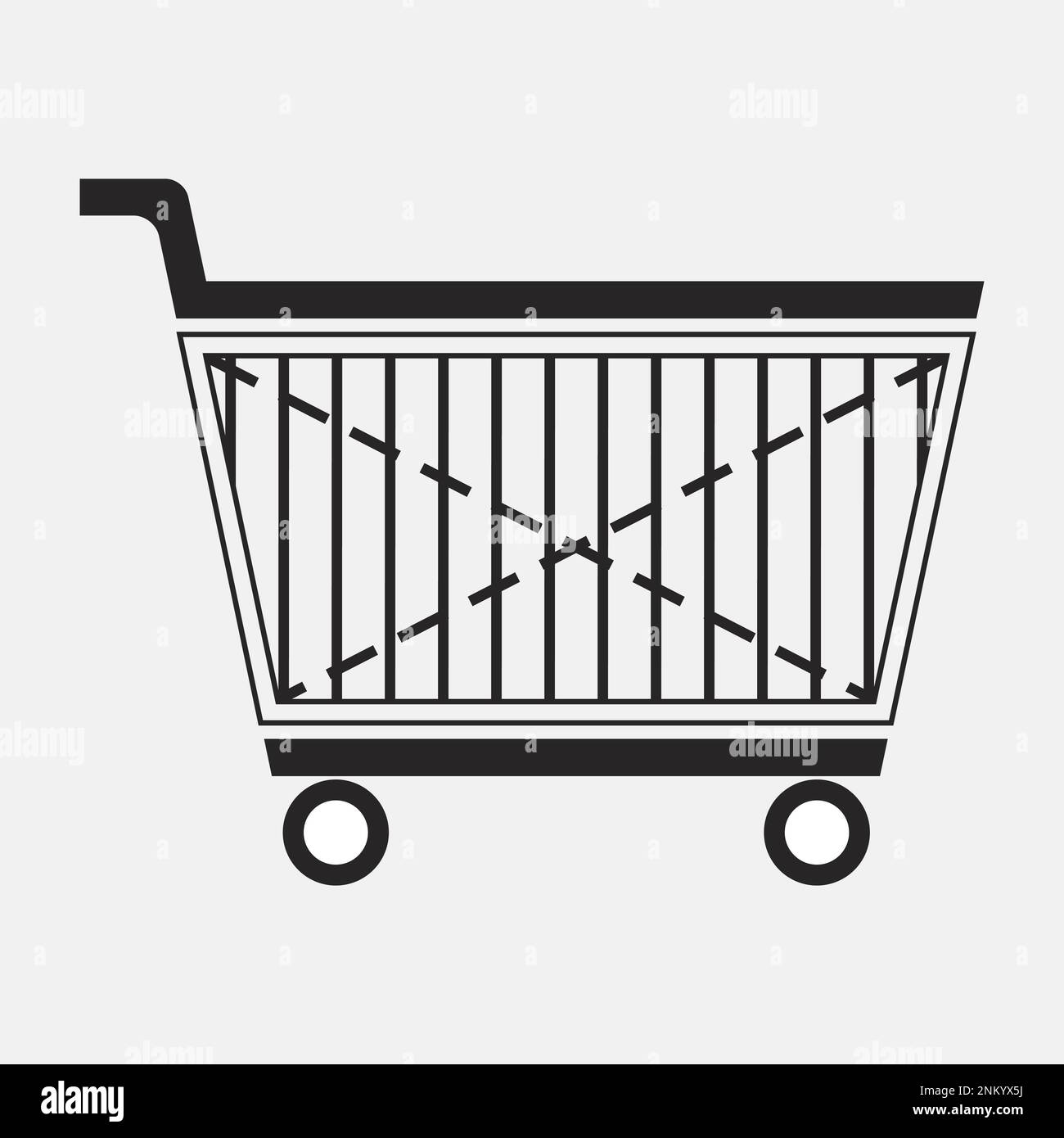 Metallsymbol mit Warenkorb. Schwarzes Emblem. Logo-Vorlage für den Shop. Leerer, auf Rädern isolierter Gerätewagen. Lineares Konturbild für Anwendungen Stock Vektor