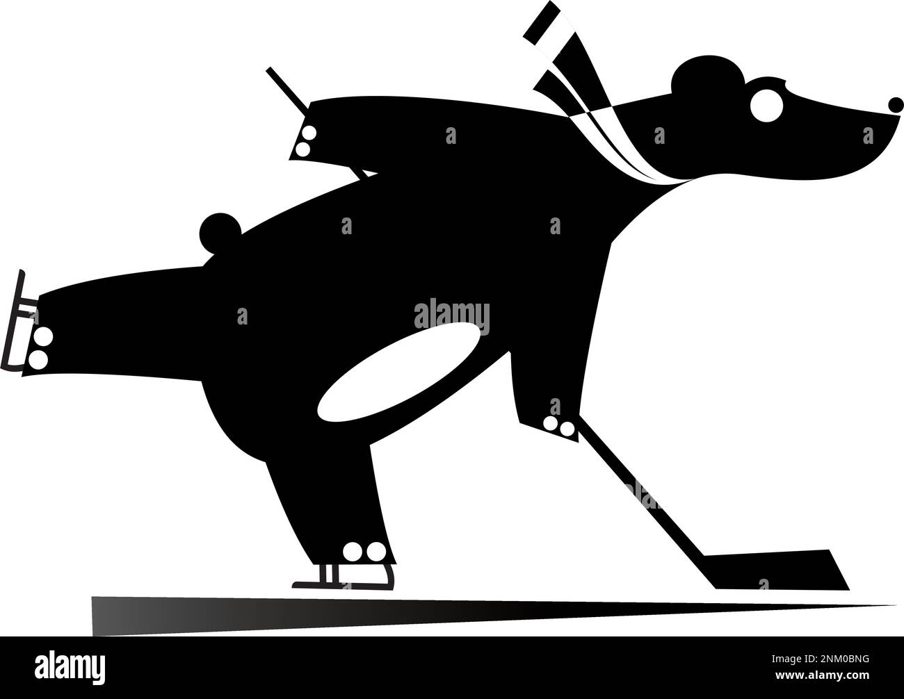 Cartoon mit einer Eishockeyspielerin in Schwarz auf Weiß. Der Cartoon-Bär spielt Eishockey-Original-Silhouette isoliert Stock Vektor