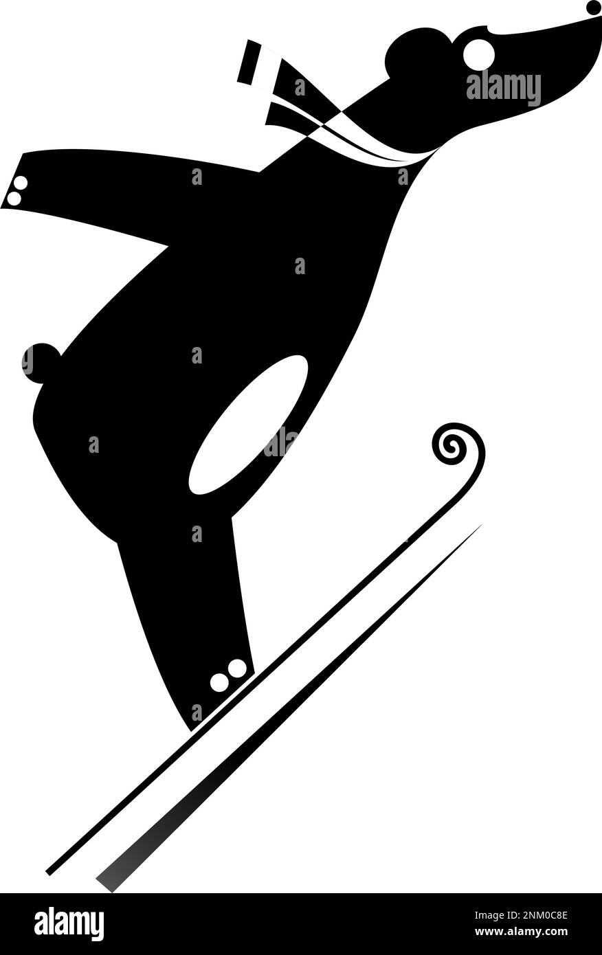 Cartoon-Bär, Skispringer, schwarz auf weiß, Illustration. Cartoon mit Skipullover Original-Silhouette isoliert Stock Vektor