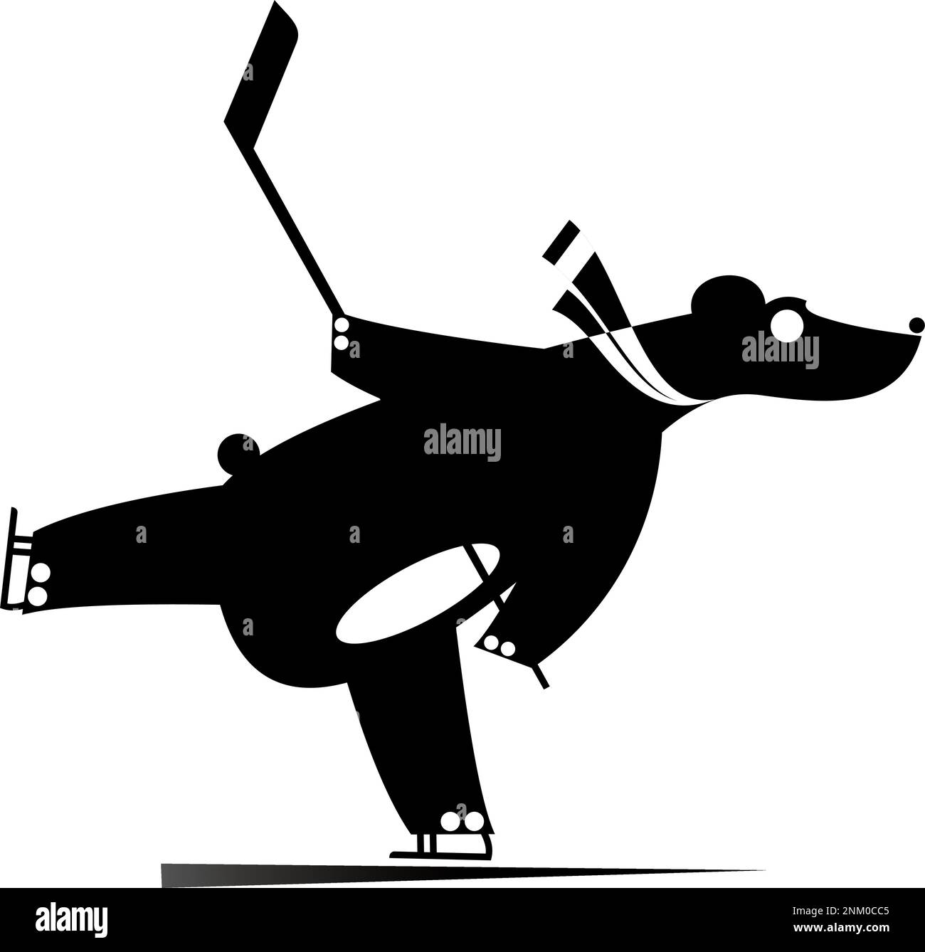 Cartoon mit einer Eishockeyspielerin in Schwarz auf Weiß. Der Cartoon-Bär spielt Eishockey-Original-Silhouette isoliert Stock Vektor