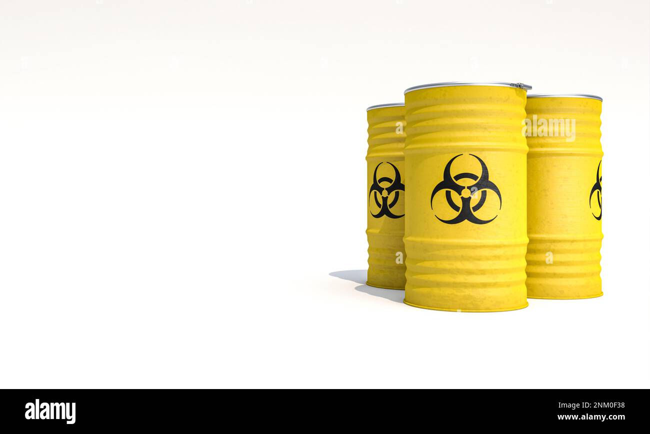 Gelbe Behälter mit bakteriologischem Warnschild auf weißem Hintergrund. 3D-Rendern Stockfoto