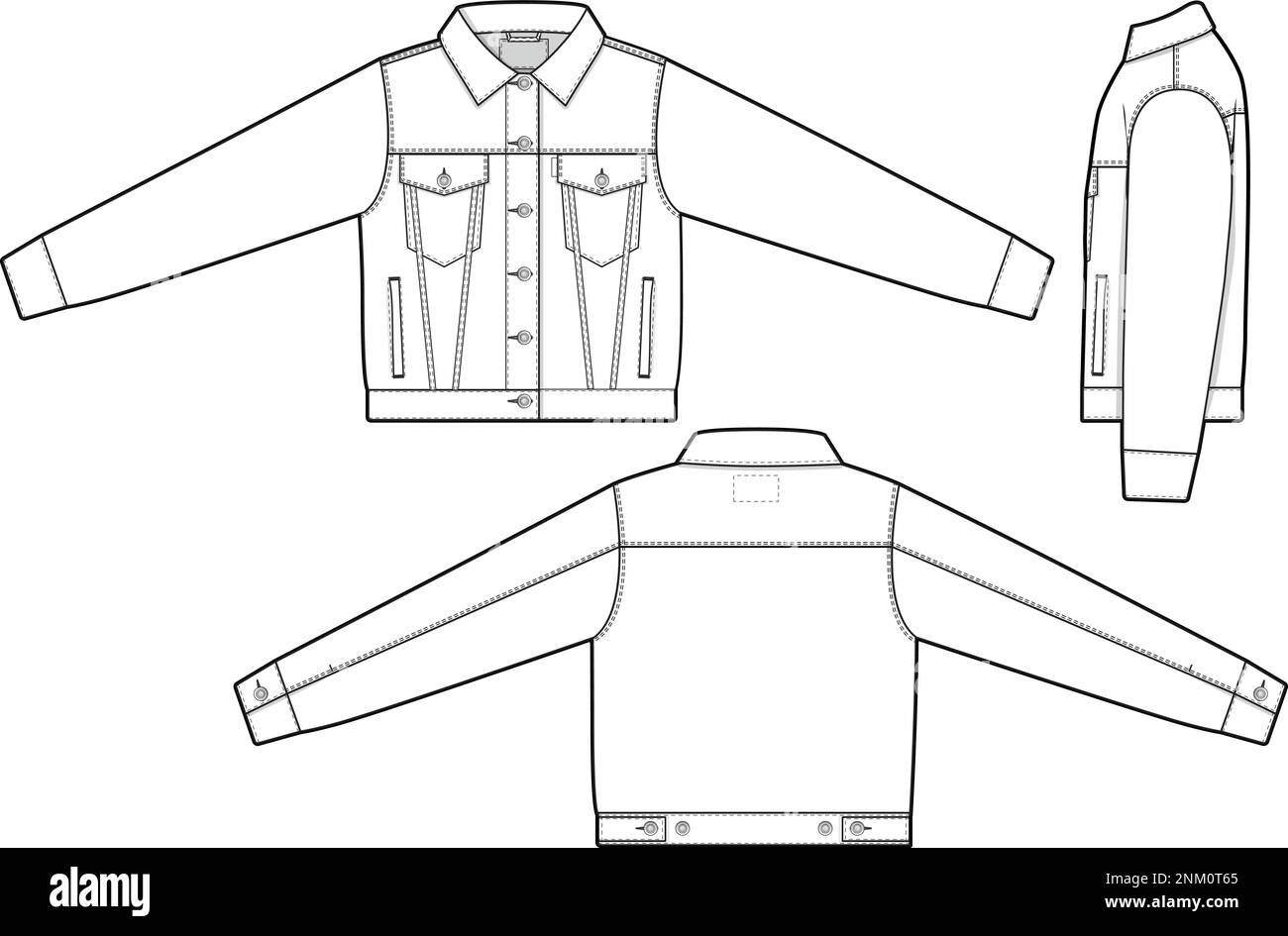 Damen verkürzte Jeansjacke Trucker Vektor flach technische Zeichnung Vorlage für Design und Tech Packs Mode CAD Streetwear Stock Vektor