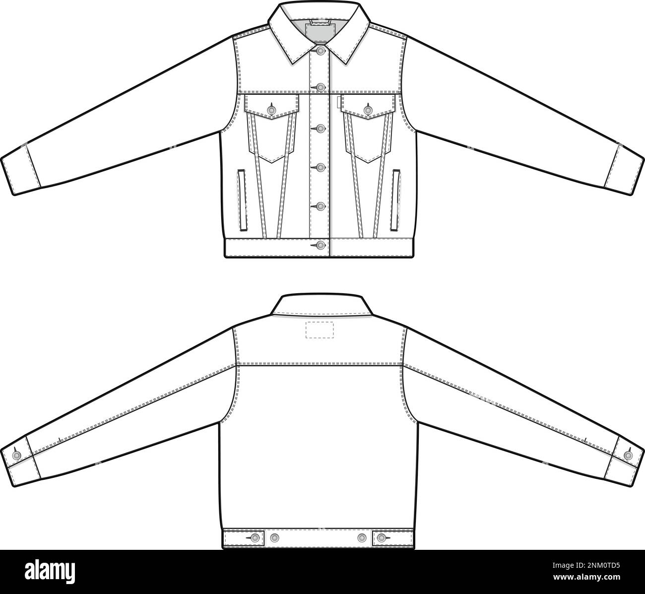 Damen verkürzte Jeansjacke Trucker Vektor flach technische Zeichnung Vorlage für Design und Tech Packs Mode CAD Streetwear Stock Vektor