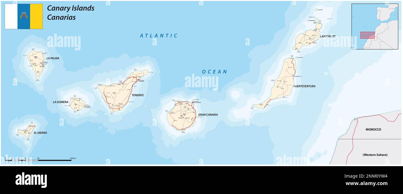 Straßenkarte der spanischen Inselgruppe der kanarischen Inseln Stockfoto