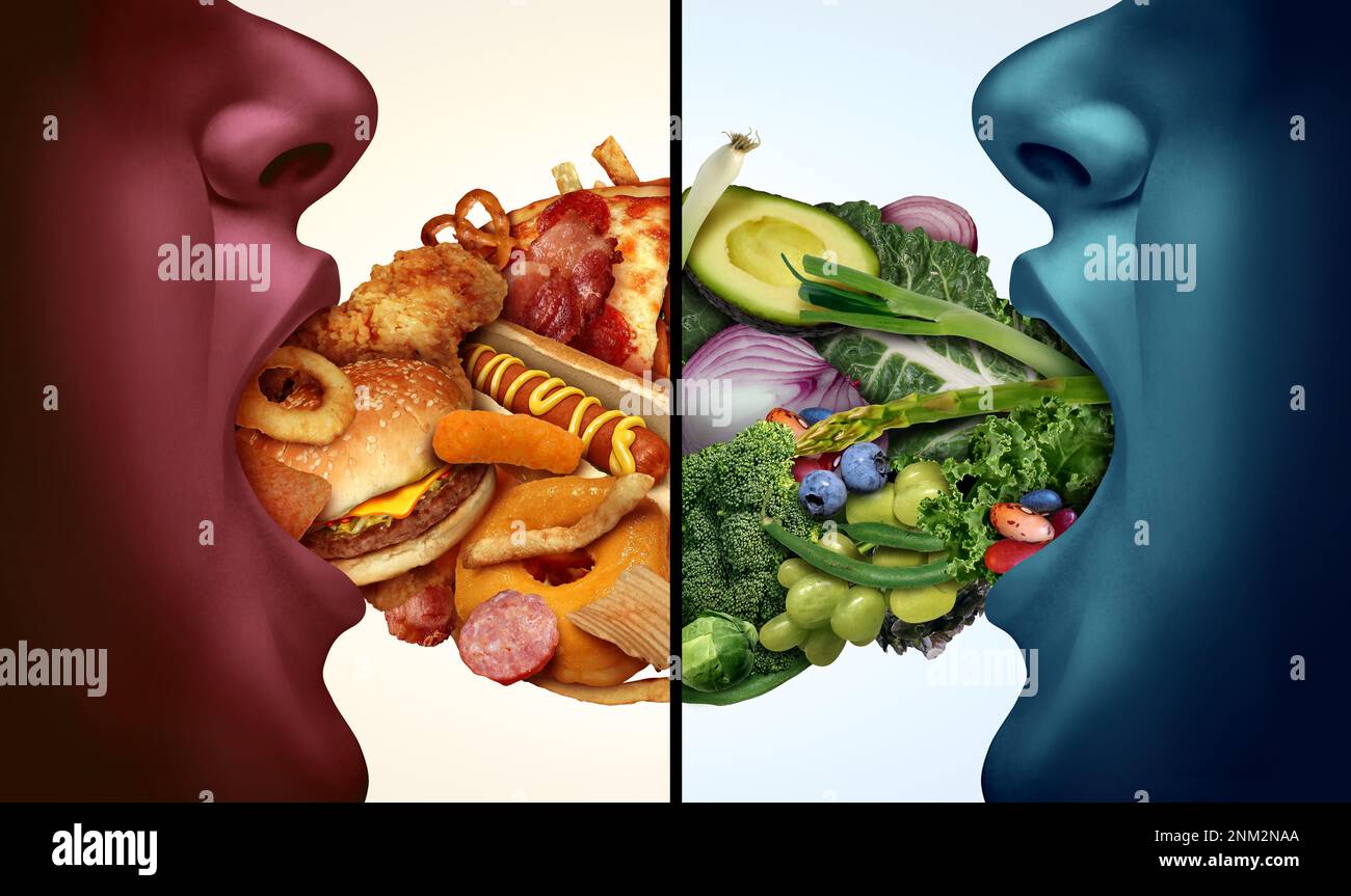 Gesunde versus ungesunde Nahrungsmittel und Ernährung Auswahl oder Diät Entscheidungskonzept und Ernährung Auswahl zwischen gesundem frischem Obst und Gemüse Stockfoto