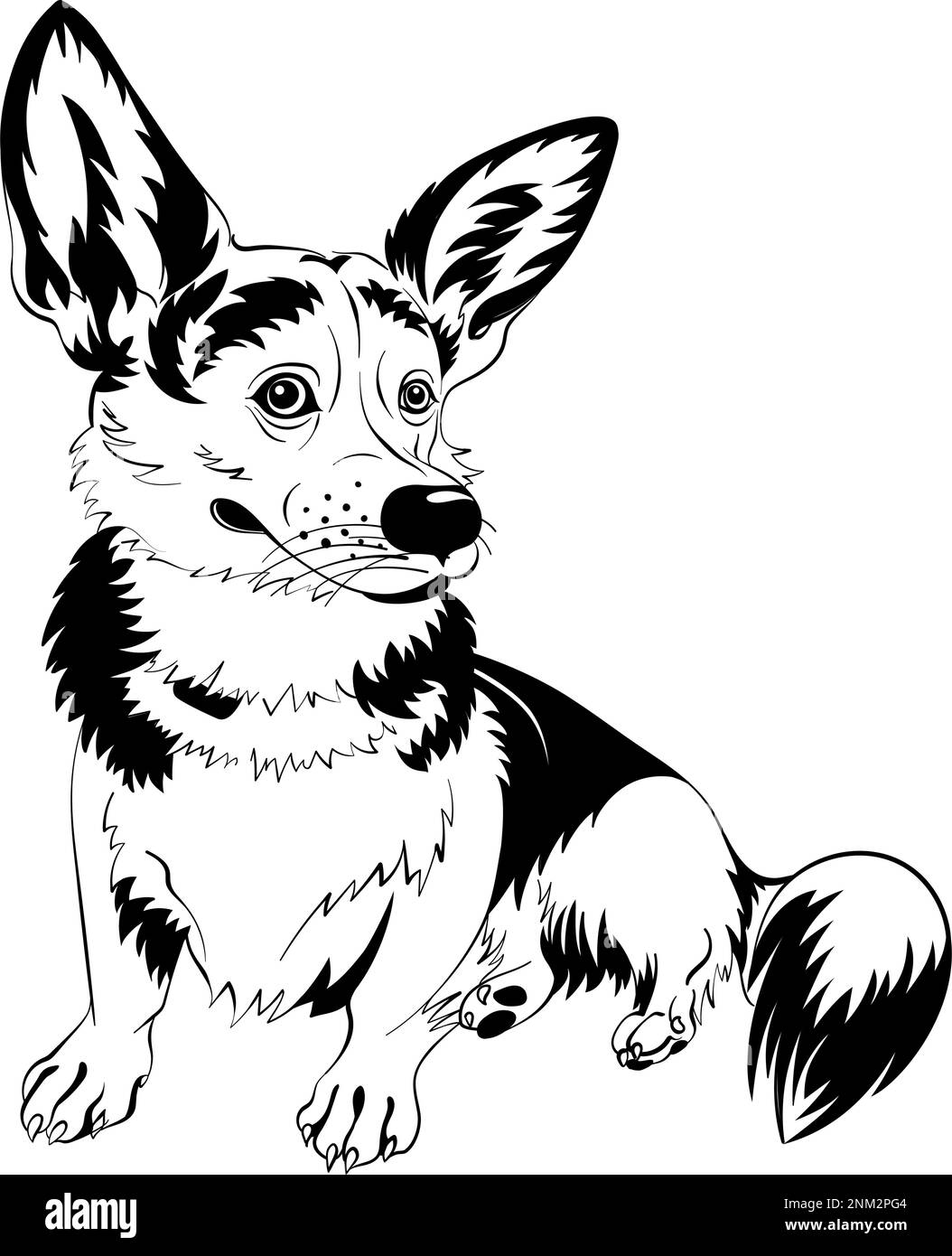 Schwarz-Weiß-Skizze des Hundes Welsh Corgi, der sitzt und lächelt Stock Vektor