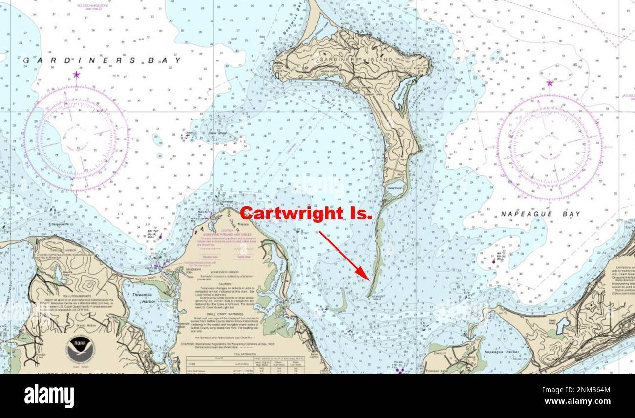 NOAA-Karte von Gardiners Bay, Gardiners Island und der kleinen, engen Cartwright Island. Ca. Unbekanntes Datum Stockfoto