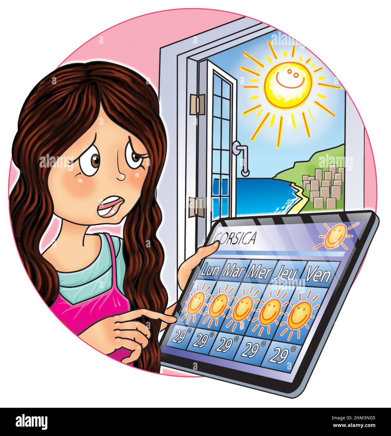 Konzeptkunst: Ein junges Mädchen sieht sich die Wettervorhersage für 7 Tage auf Französisch-Korsika auf dem iPad-Tablet an und sieht bestürzt aus, dass es sehr heiß, sonnig, Hitzewelle, zu heiß ist Stockfoto