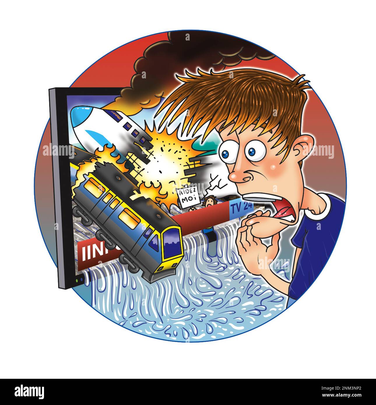 Concept Art, Boy sieht mit Entsetzen, wie ein Zugunglück und eine Katastrophe auf seinem 3D Ultra HD, UHD-Fernseher gezeigt werden, der realistischer als der echte, holographische Fernseher ist. Stockfoto