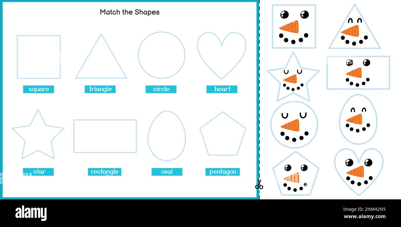 Kombiniere die Formen mit der niedlichen Spielseite für Kinder mit dem Schneemanngesicht Stock Vektor