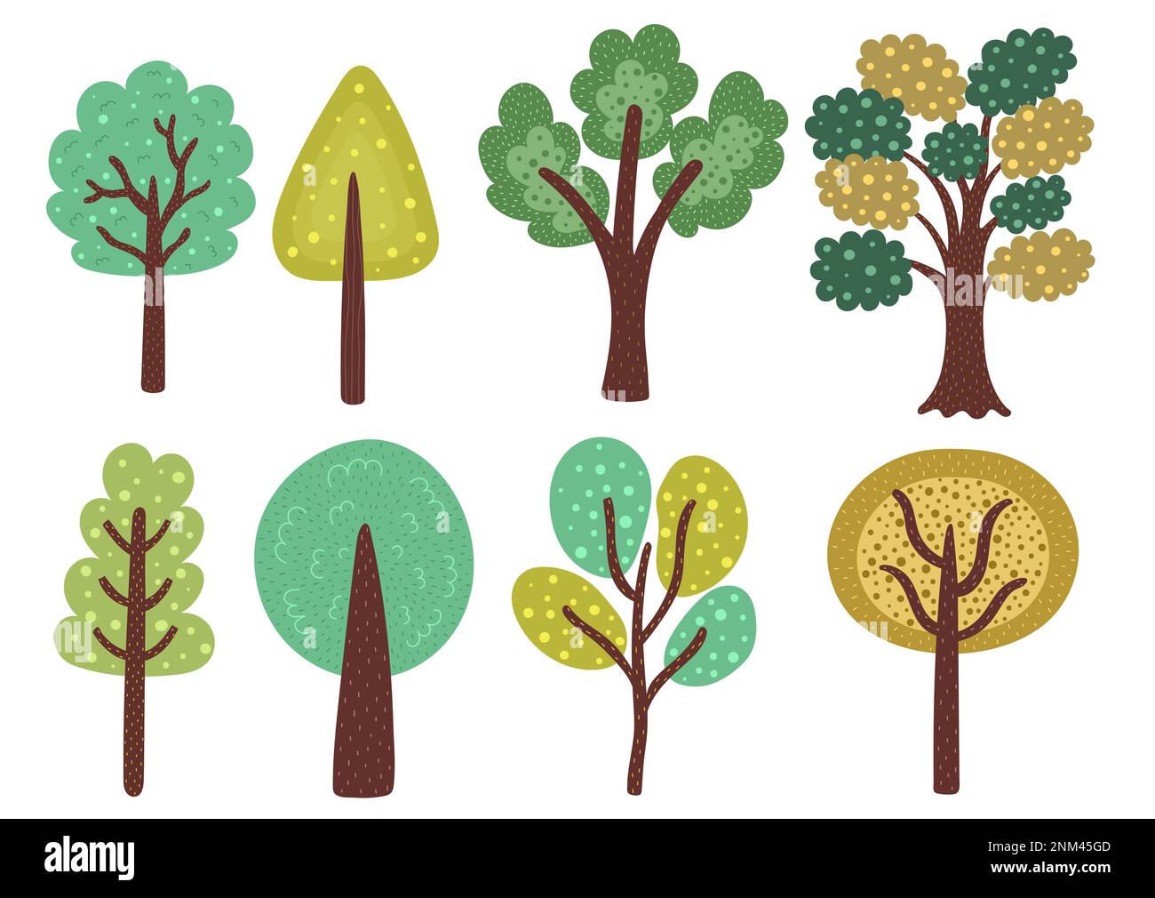 Doodle Trees Kollektion. Verschiedene Bäume mit Apfel-, Orange- und anderen Elementen Stock Vektor
