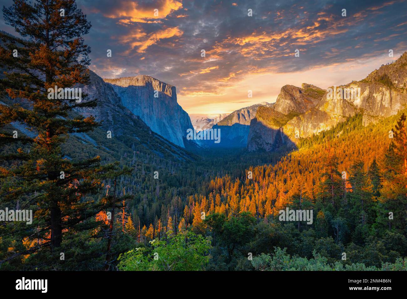 Yosemite-Tal bei Sonnenuntergang vom Tunnelblick. Yosemite-Nationalpark Stockfoto