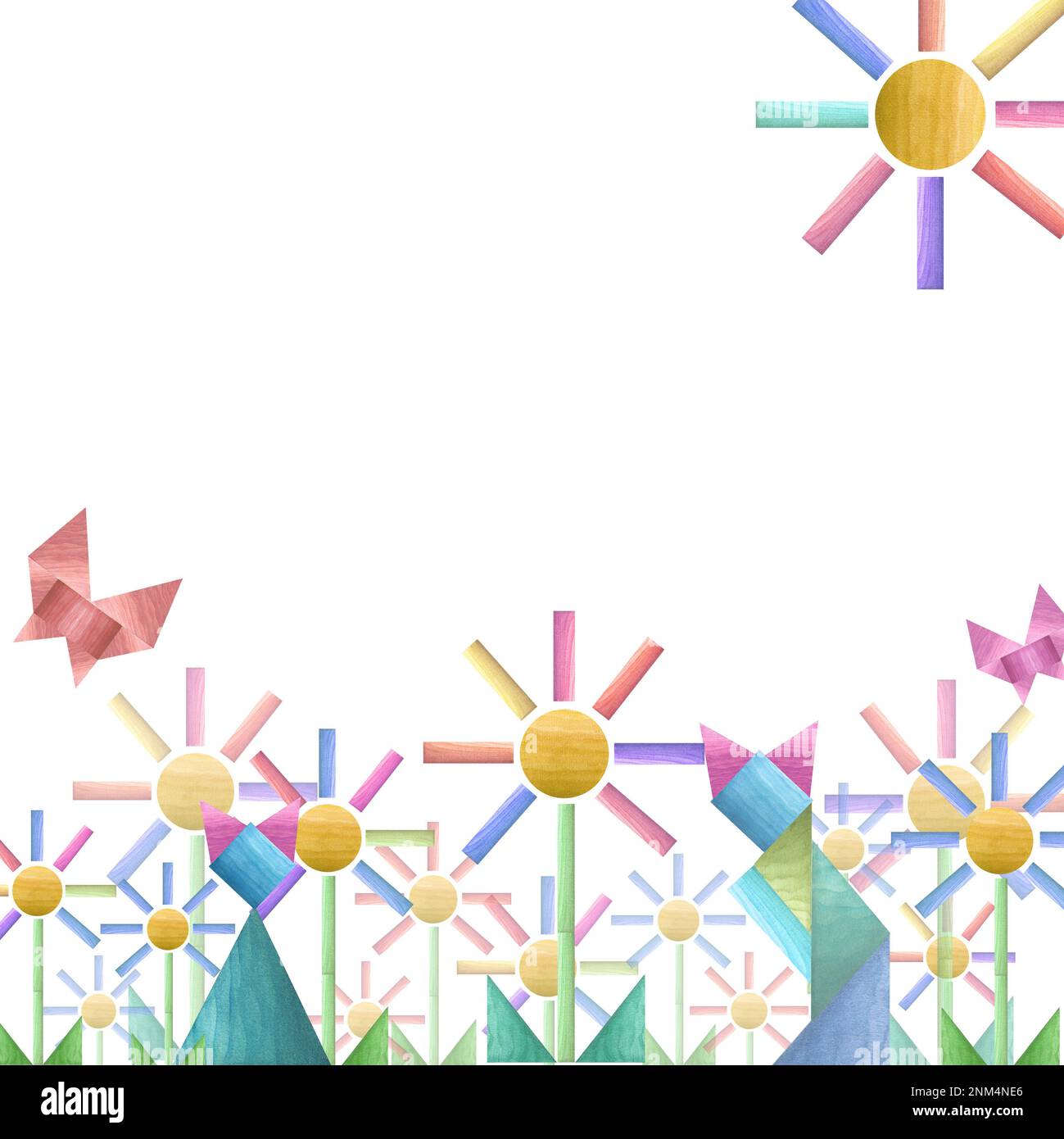 Aquarelldarstellung von Tanga-Holzblumen und Katzen isoliert auf weißem Hintergrund. Umweltfreundliche Materialien für Babyspielzeuge. Druck, Poster, Dekor Stockfoto