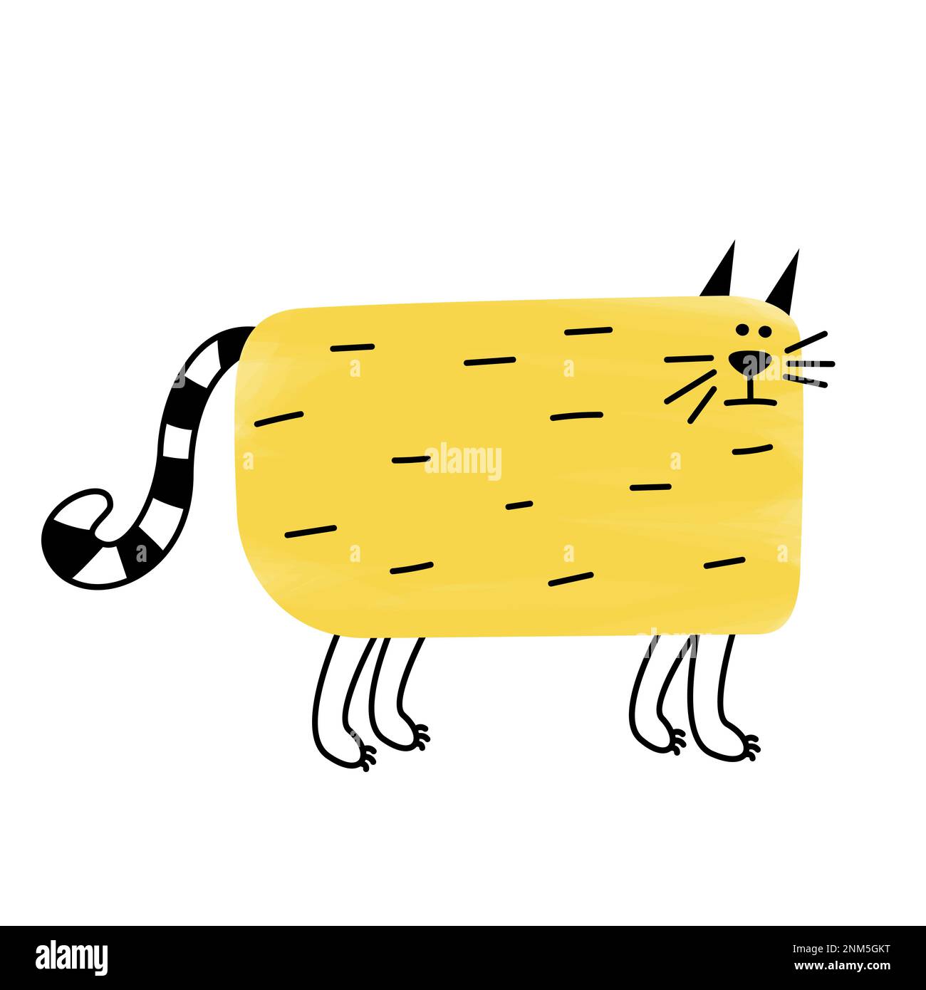 Coole rechteckige, abstrakte, dicke Comic-gelbe Katze mit gestreiftem Schwanz. Einzigartiges Originallogo, Emblem, Etikett. Süßes, lustiges Maskottchen, Charakter für Los Stock Vektor