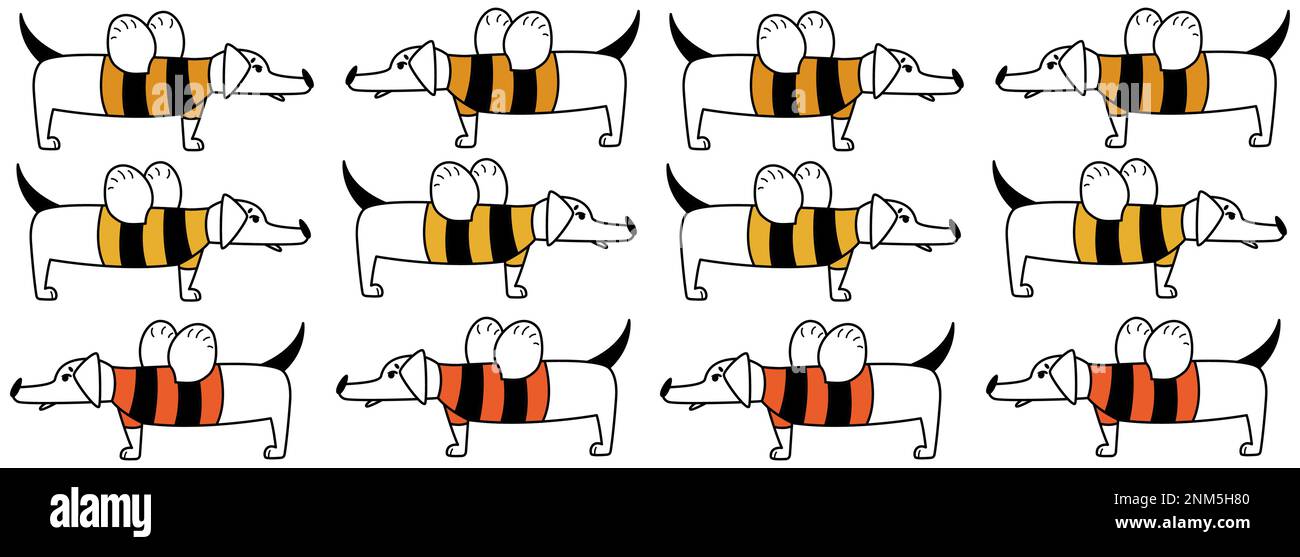 Lustige Kinder mit komischen Hunden. Viele farbenfrohe Dackel in gestreiften Bienenkostümen mit Flügeln. Süßer Aufdruck für Kleidung, Textilien, Bucht Stock Vektor