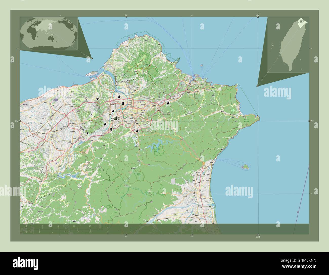 New Taipei City, Sondergemeinde Taiwan. Straßenkarte Öffnen. Standorte der wichtigsten Städte der Region. Eckkarten für zusätzliche Standorte Stockfoto