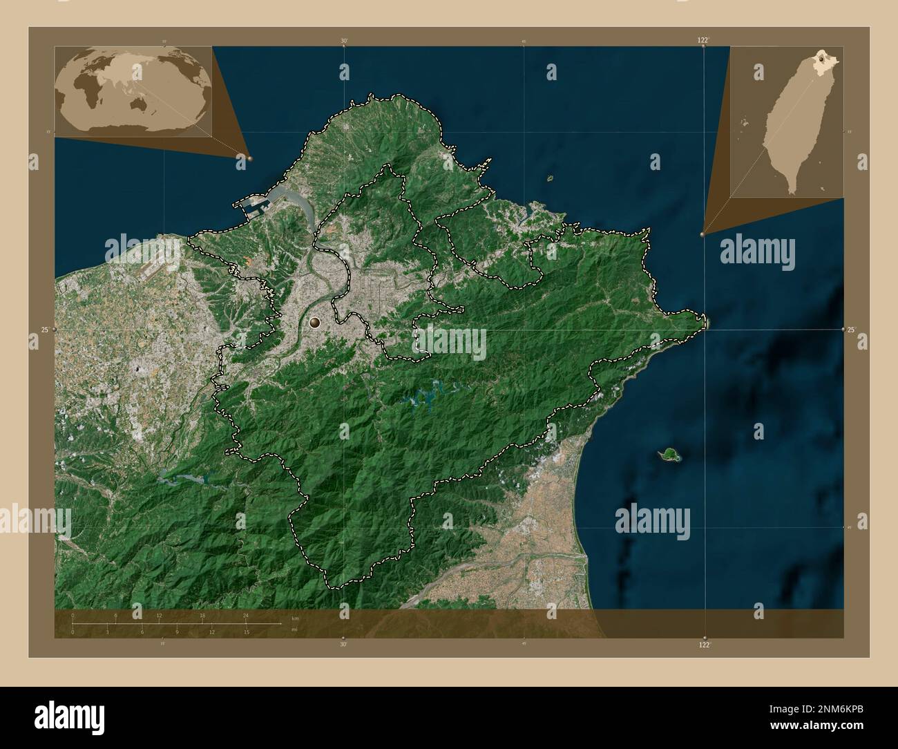 New Taipei City, Sondergemeinde Taiwan. Satellitenkarte mit niedriger Auflösung. Eckkarten für zusätzliche Standorte Stockfoto