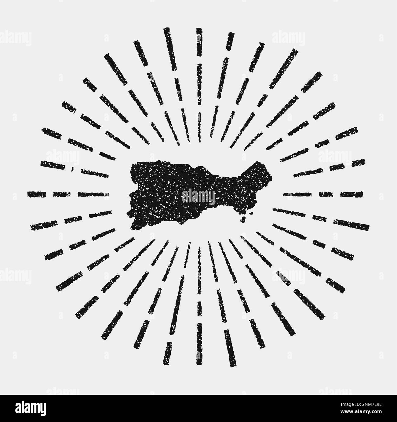 Alte Karte von Capri. Grunge-Sonnenaufgang rund um die Insel. Schwarze Capri-Form mit Sonnenstrahlen auf weißem Hintergrund. Vektordarstellung. Stock Vektor