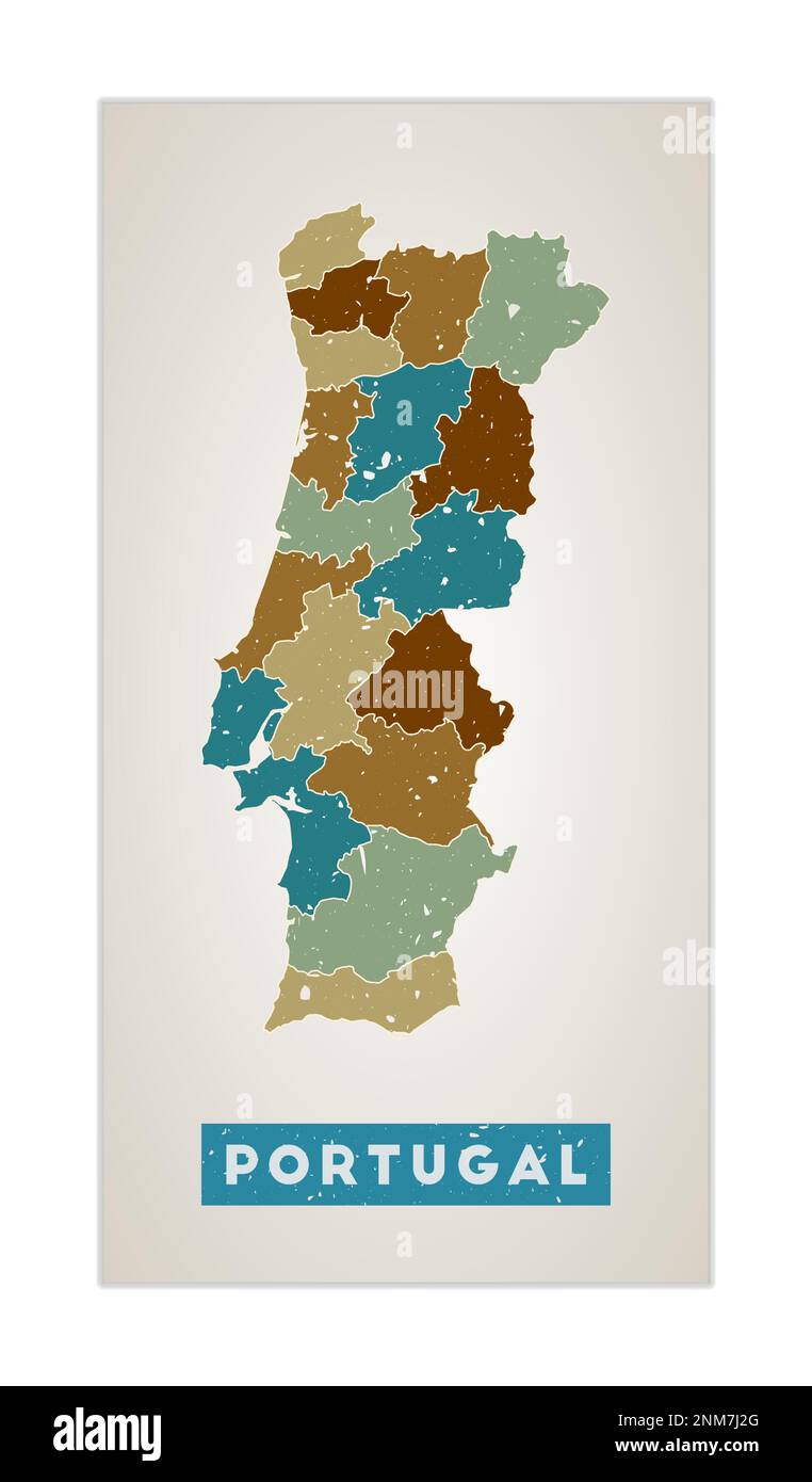 Karte Portugals. Länderposter mit Regionen. Alte Grunge-Textur. Form Portugals mit Ländername. Ansprechende Vektordarstellung. Stock Vektor