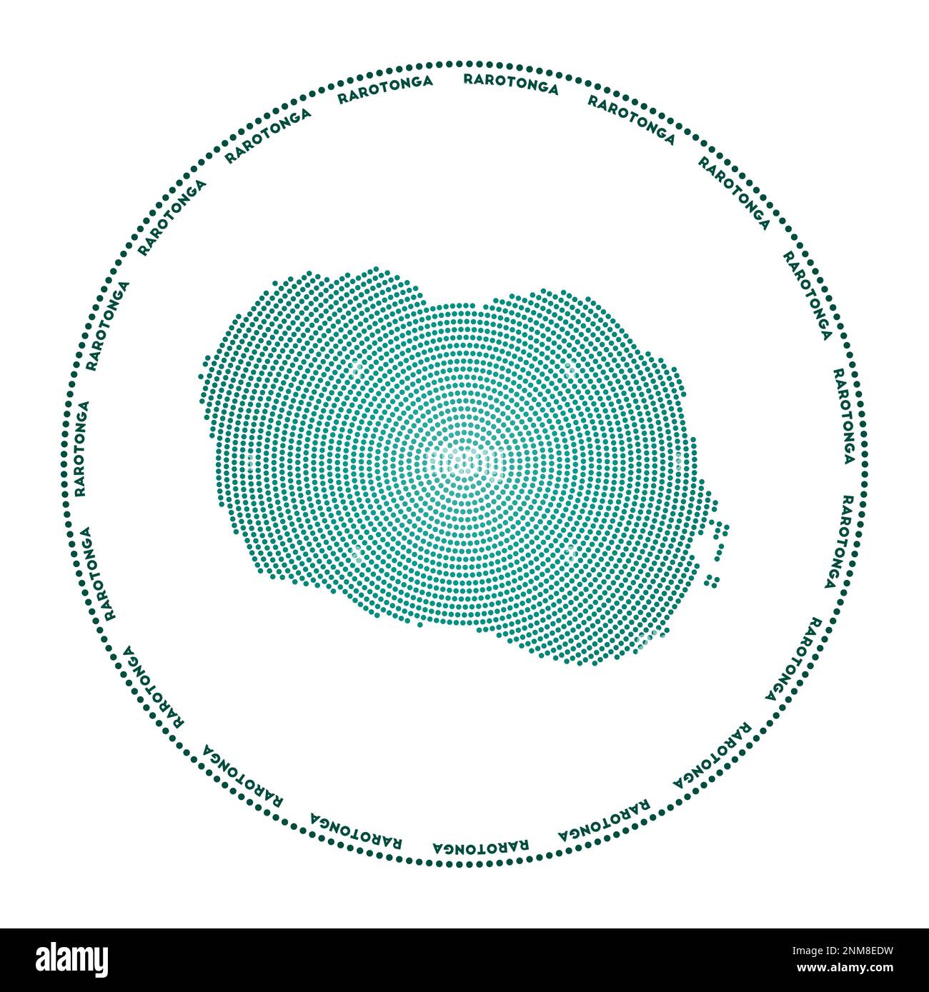 Rundes Logo von Rarotonga. Digitale Form von Rarotonga im gepunkteten Kreis mit Inselname. Technisches Symbol der Insel mit abgestuften Punkten. Hervorragender Vektor Stock Vektor