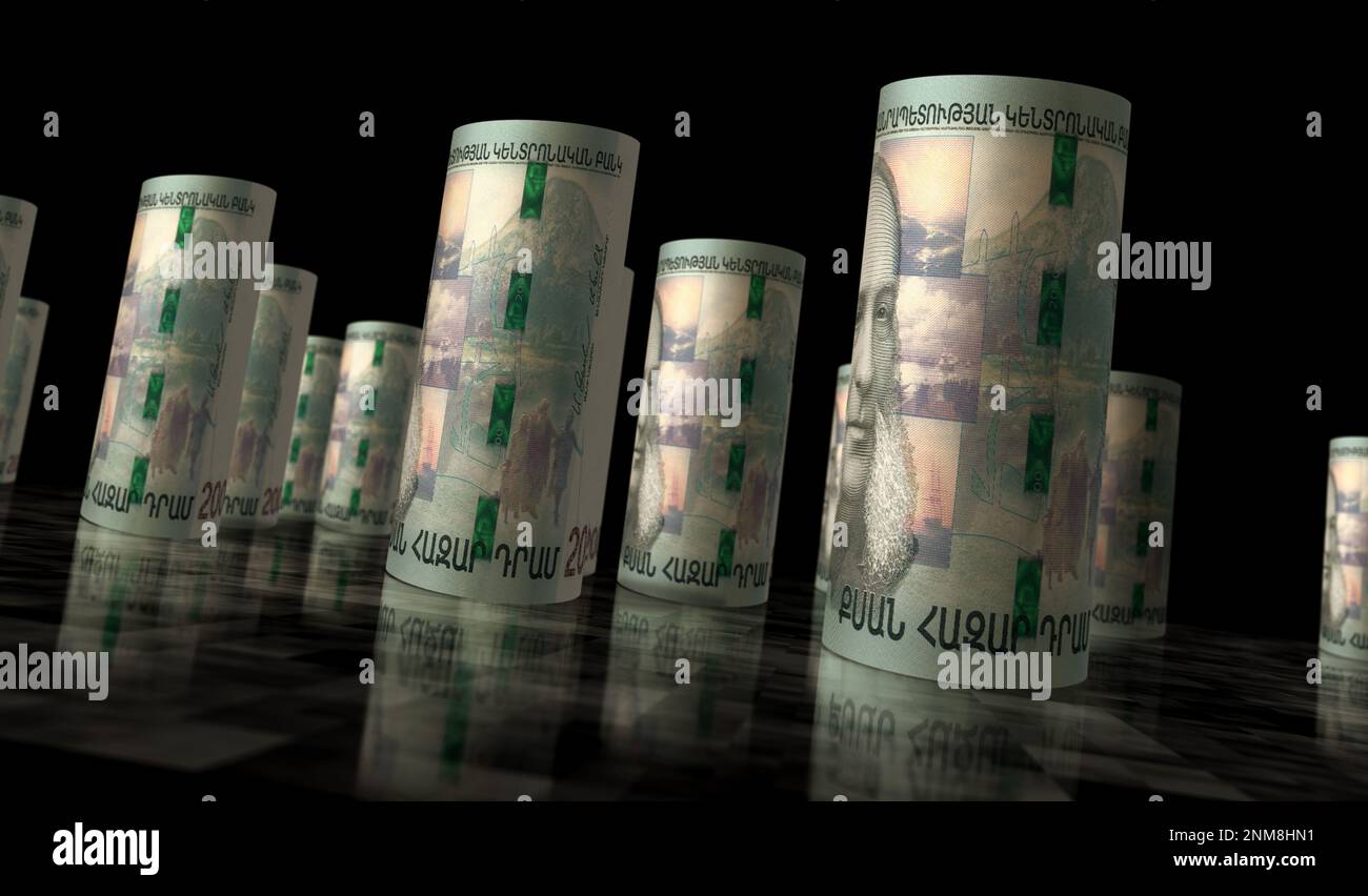Armenien Geld Armenien DRAM Geldrolle 3D Illustration. 20000-AMD-Banknote gerollt. Finanzkonzept, Bargeld, Wirtschaftskrise, Geschäftserfolg, Rezessi Stockfoto