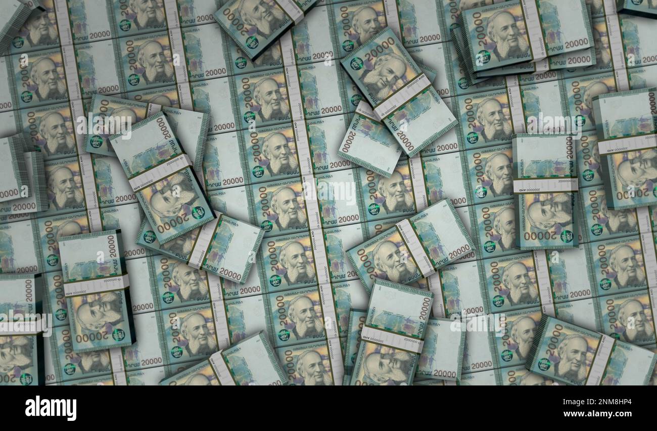 Armenien Geld Armenien DRAM-Geldpaket 3D Abbildung. 20000 AMD-Banknotenbündel. Finanzkonzept, Bargeld, Wirtschaftskrise, Geschäftserfolg, Stockfoto