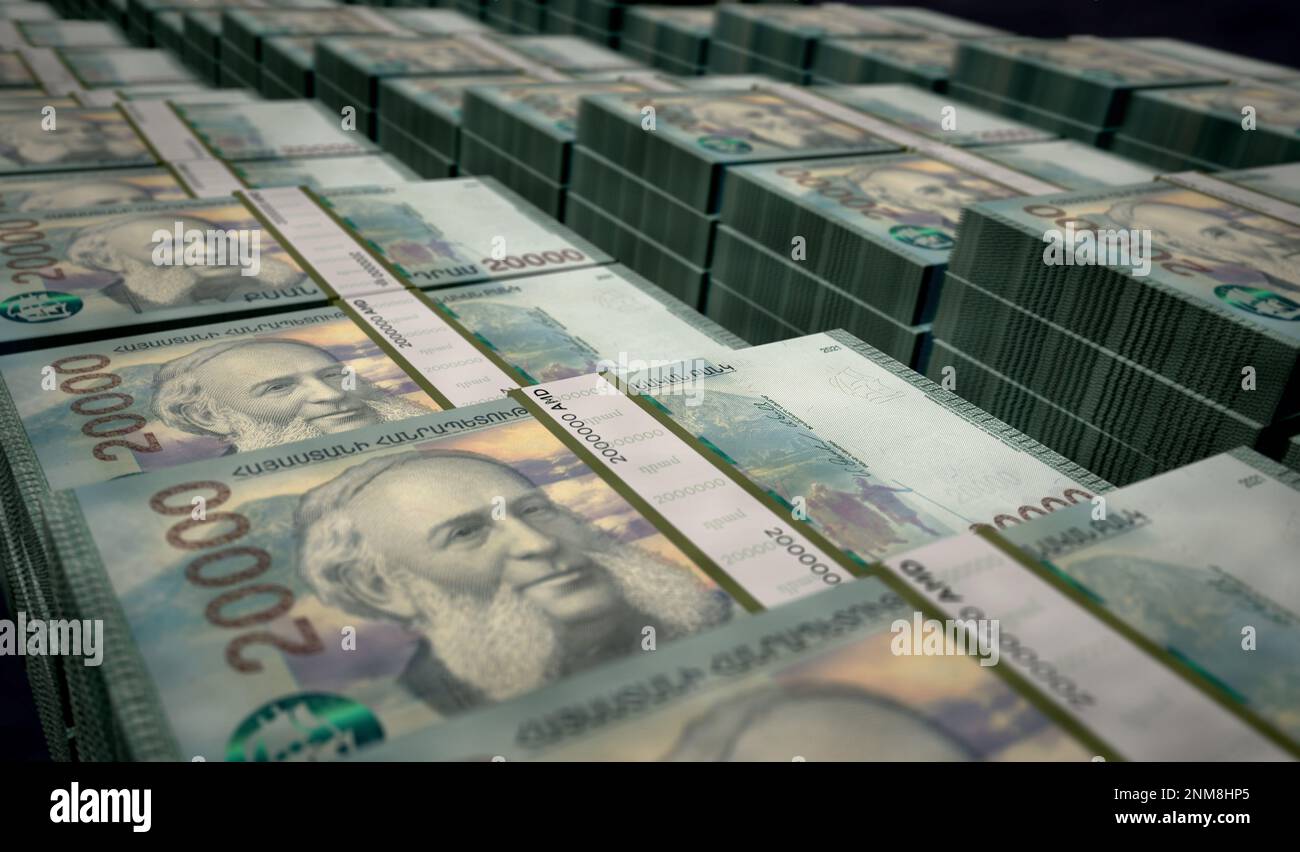 Armenischer DRAM-Gelddruck 3D Abbildung. 20000 AMD-Banknotendruck. Finanzkonzept, Bargeld, Wirtschaftskrise, Geschäftserfolg, Rezession, bank, t Stockfoto
