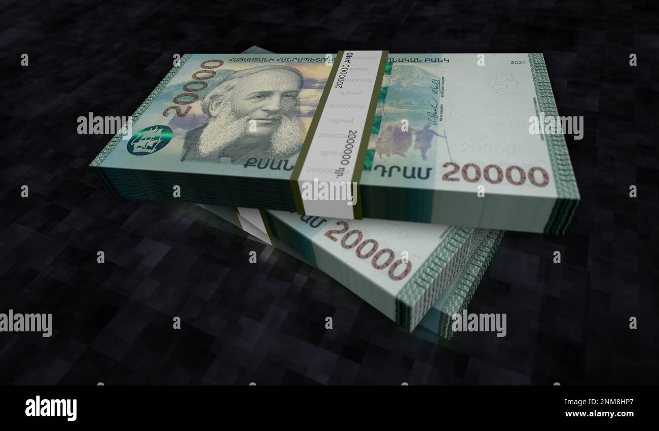 Armenien Geld Armenien DRAM-Geldpaket 3D Abbildung. 20000 AMD-Banknotenbündel. Finanzkonzept, Bargeld, Wirtschaftskrise, Geschäftserfolg, Stockfoto