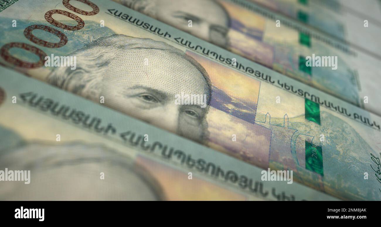 Armenischer DRAM-Gelddruck 3D Abbildung. 20000 AMD-Banknotendruck. Finanzkonzept, Bargeld, Wirtschaftskrise, Geschäftserfolg, Rezession, bank, t Stockfoto
