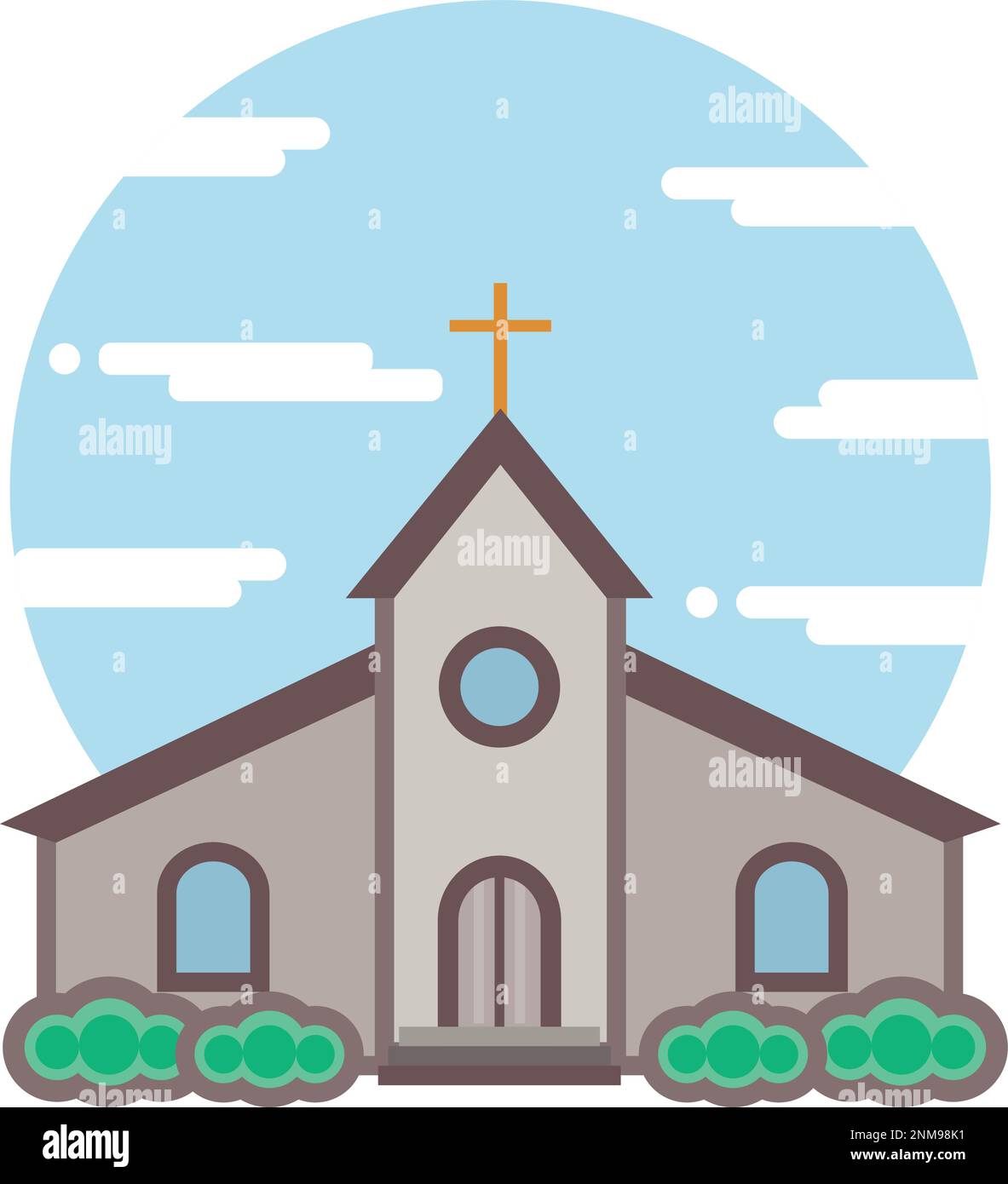 Katholische Kirchensymbol. Kathedrale mit blauem Himmel und rundem Hintergrund. Stadtarchitektur. Stock Vektor