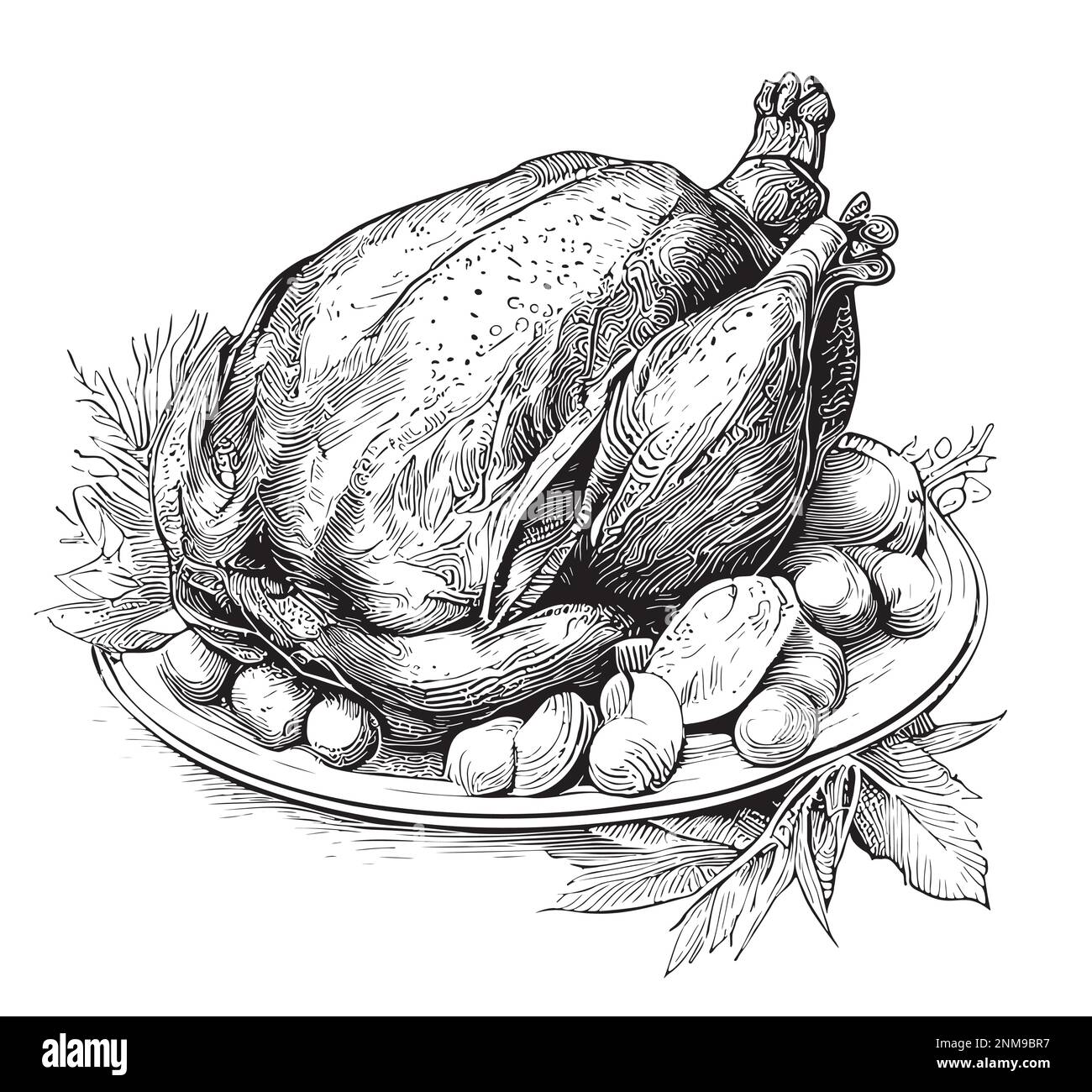 Gebratener truthahn auf einem Teller mit handgezeichneter Gemüseskala Stock Vektor